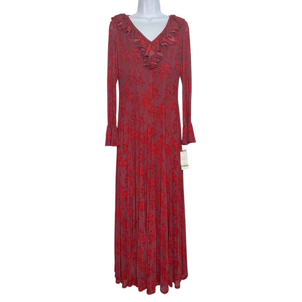 Taylor Dress Womens Red Floral Print Lined Maxi Long Sleeve Sheer SIZE 8 Ruffle